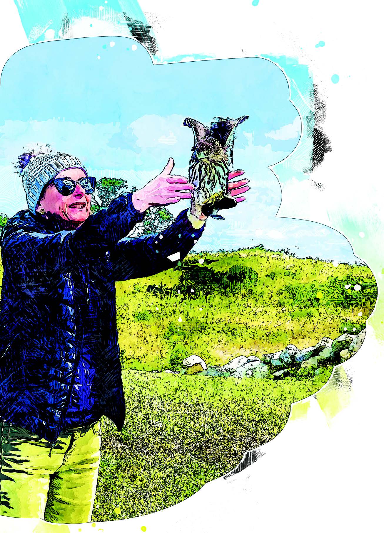 An artistic rendering features a person with a hat releasing a bird into nature.