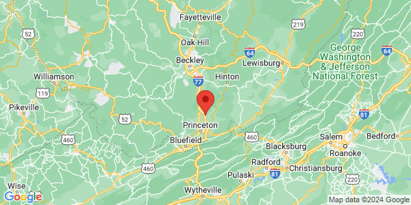 Map with marker: Map of the location of Brush Creek Preserve in West Virginia.