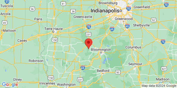 Map with marker: Green's Bluff is located in Owen County, Indiana.