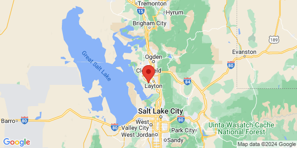 Map with marker: Map with marker: the area surrounding the Great Salt Lake Shorelands Preserve in Layton, Utah.