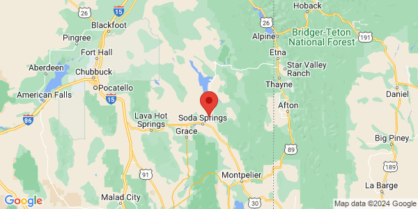 Map with marker: Located 5 miles from downtown Soda Springs