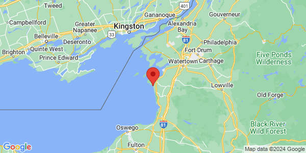 Map with marker: A 17-mile stretch of shoreline on Eastern Lake Ontario in Jefferson County, New York