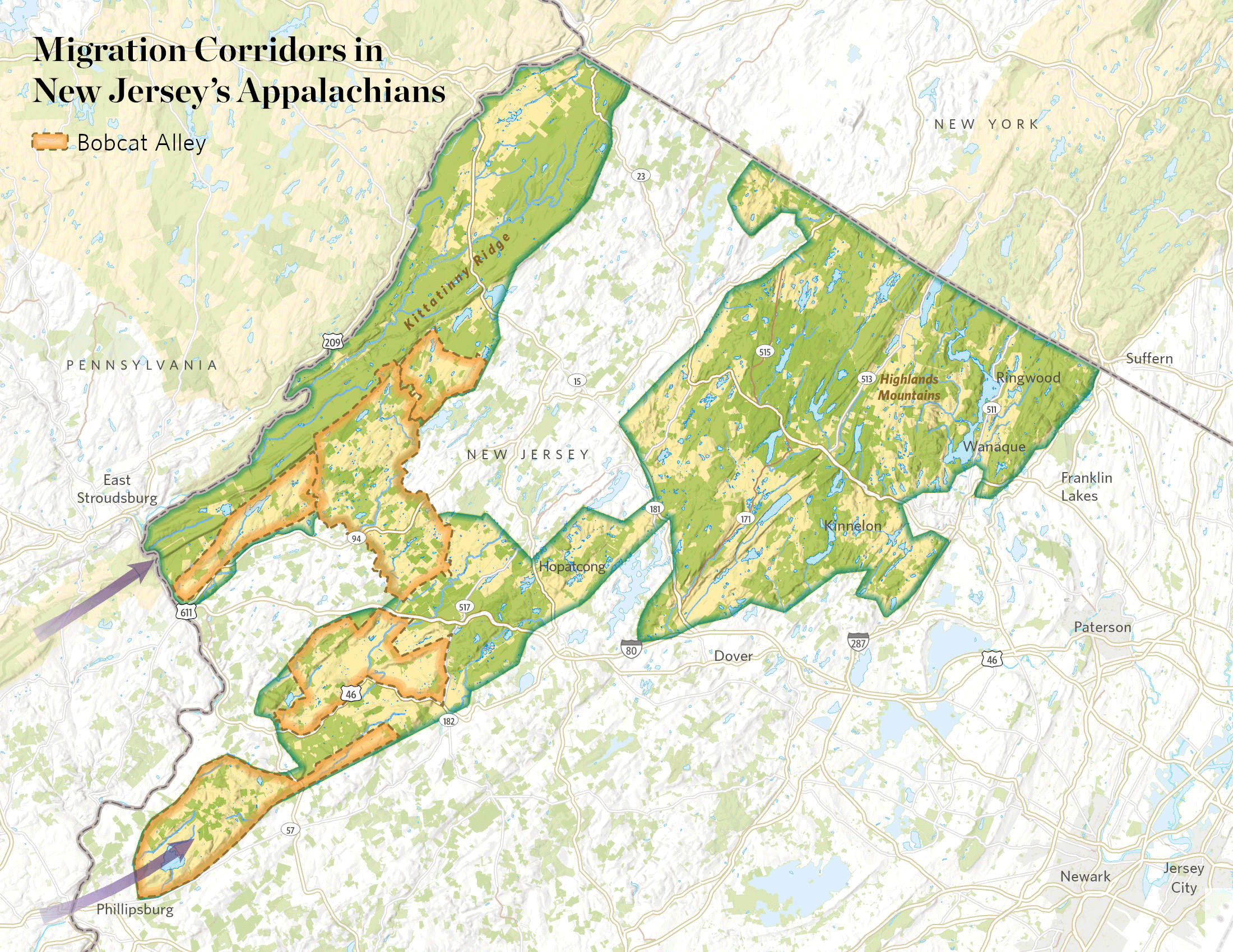 Animated gif showing migration routes in New Jersey Appalachians 