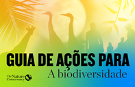 Silhouetted photos of animals, plants and humans with a green, orange and blue gradient overlay, and title of report in Portuguese.