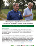 Thumbnail for a factsheet titled Challenges and Opportunities to Increasing Conservation on Leased Farmland in the Chesapeake. The header photo shows two smiling men walking down a country lane.