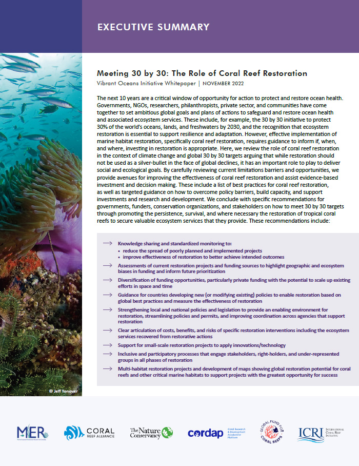 Cover of 30x30 Coral Reef Restoration White Paper