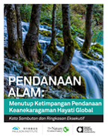 Photo of waterfall and trees with title of report in Bahasa Indonesia
