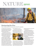 A person dressed in fire-protective gear stands next to a prescribed burn.