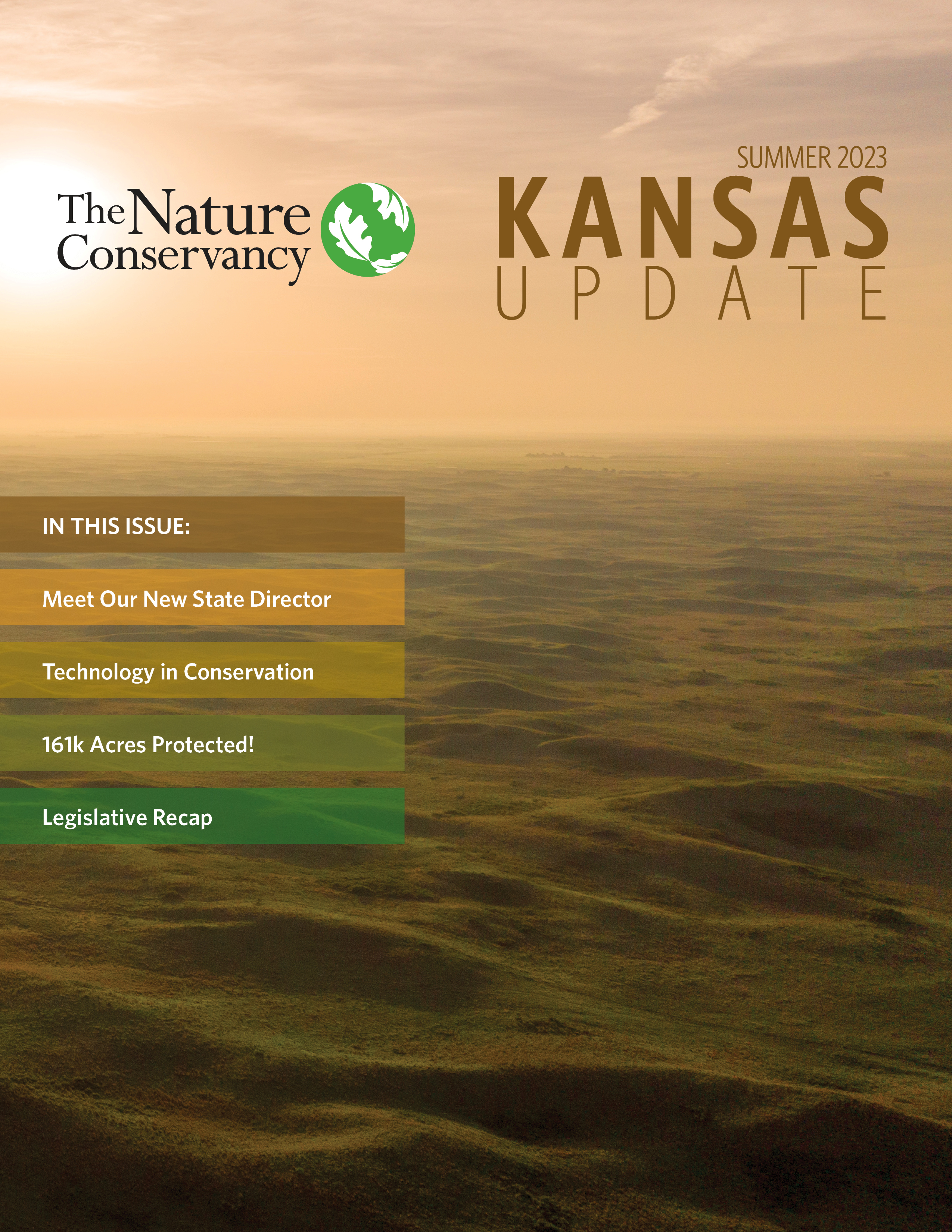 Book cover with aerial image of gentle hills. Title reads: The Nature Conservancy Summer 2023 Kansas Update.