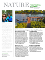 Cover of Spring 2022 magazine insert. On the left a selfie photo of two people in a kayak. On the right, a photo of a wooden boardwalk that extends out into a pond.