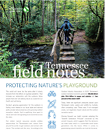 A newsletter cover features people with backpacks walking over a foot bridge.