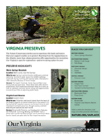 Thumbnail for a document entitled Virginia Preserves containing blocks of text and small photos of a man crouching on a trail and a black bear cub climbing a tree.