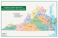 Thumbnail of a color coded state map of Virginia showing wetland restoration project across the state funded through the Virginia Aquatic Resources Trust Fund.