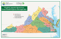 Thumbnail of a color coded state map of Virginia showing wetland restoration project across the state funded through the Virginia Aquatic Resources Trust Fund.