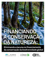 Photo of waterfall and trees with title of report in Portuguese