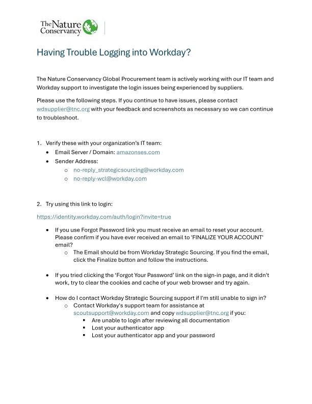 A document that is titled, " Having Trouble Logging into Workday?