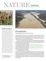 A newsletter cover features a muddy river reaching its crest.