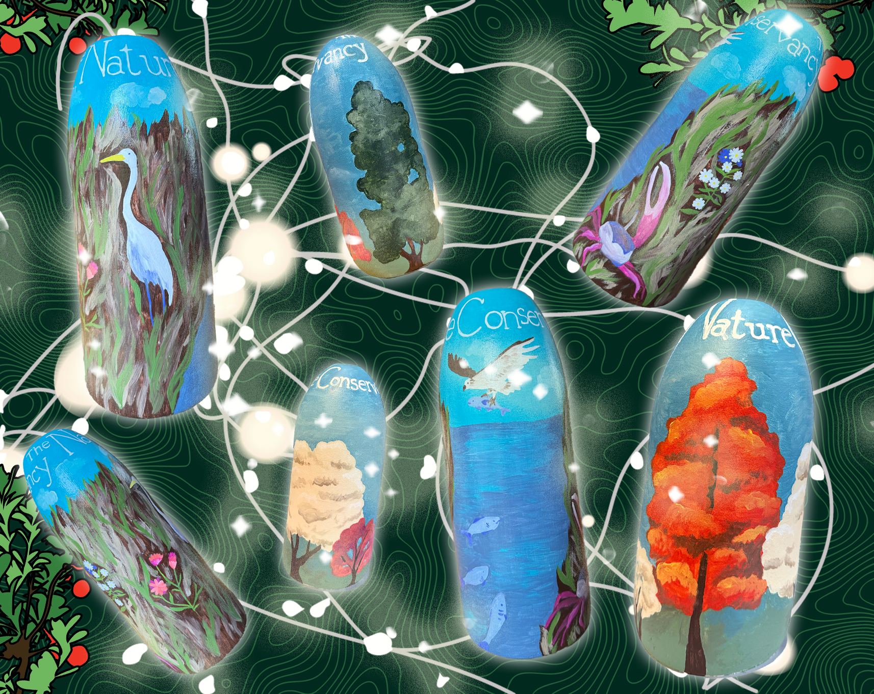 Seven colorful buoy sides, each painted with different nature themes including a white egret, forest, floral design, ocean, and autumn trees, with the words Nature and Conservancy.