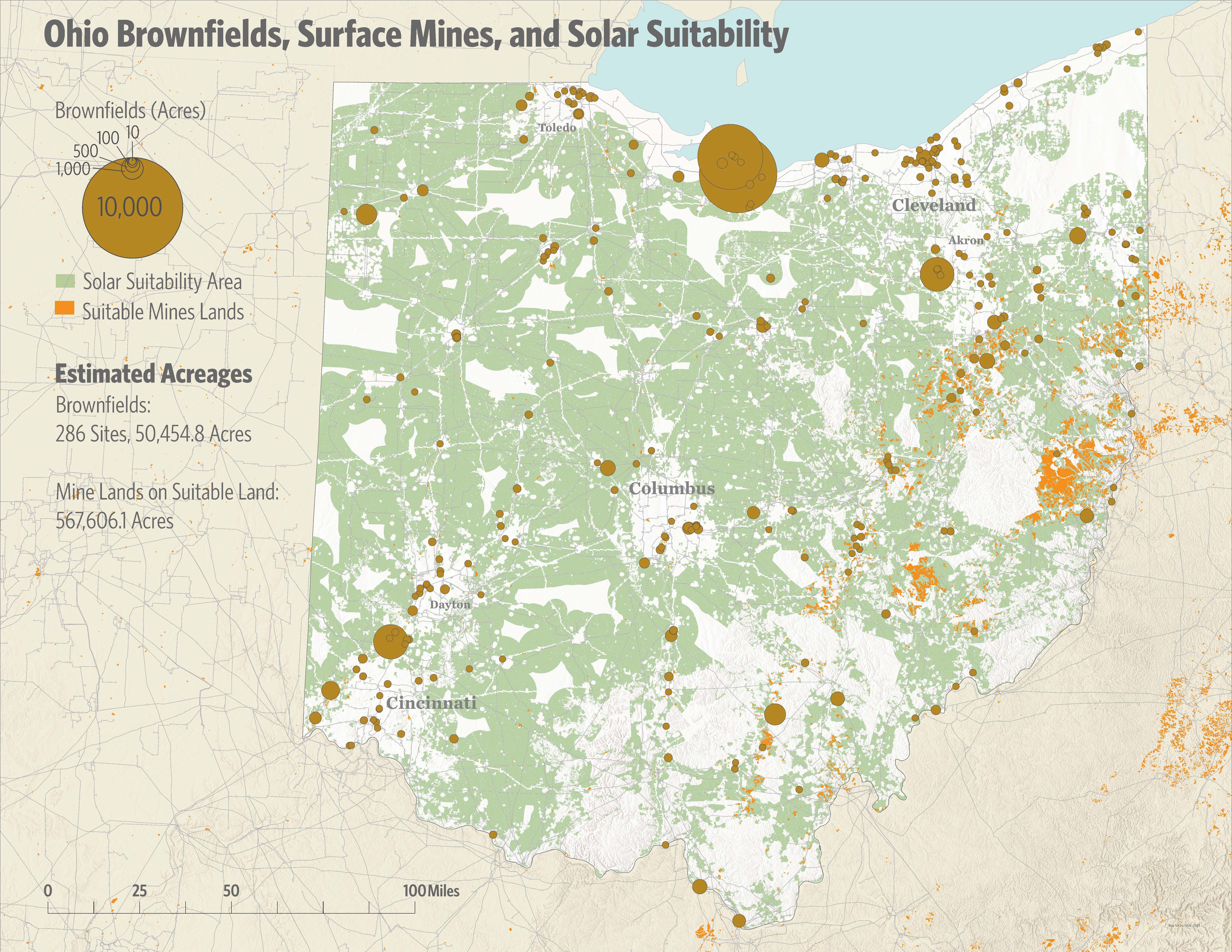 Map of brownfields and former minelands in Ohio.