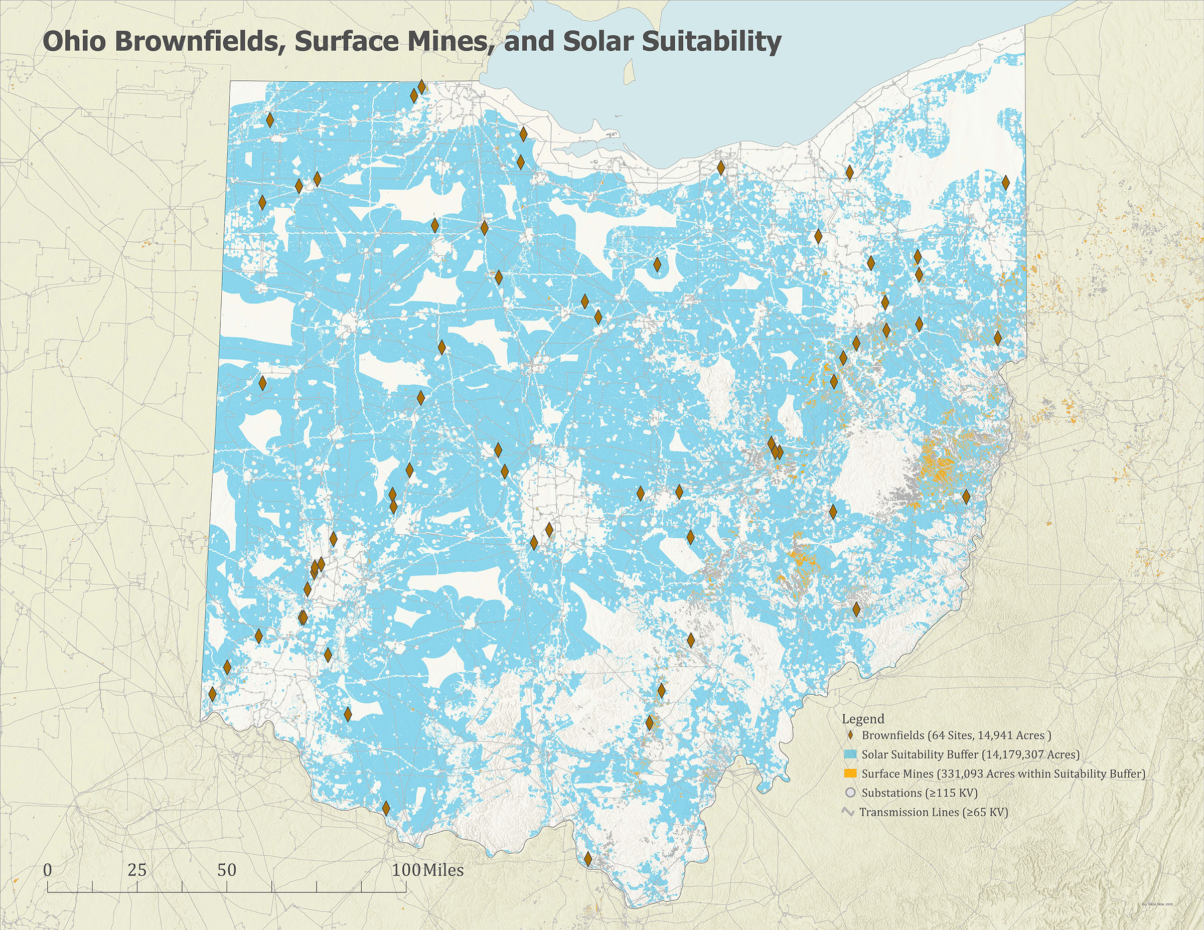 Map of brownfields and former minelands in Ohio.