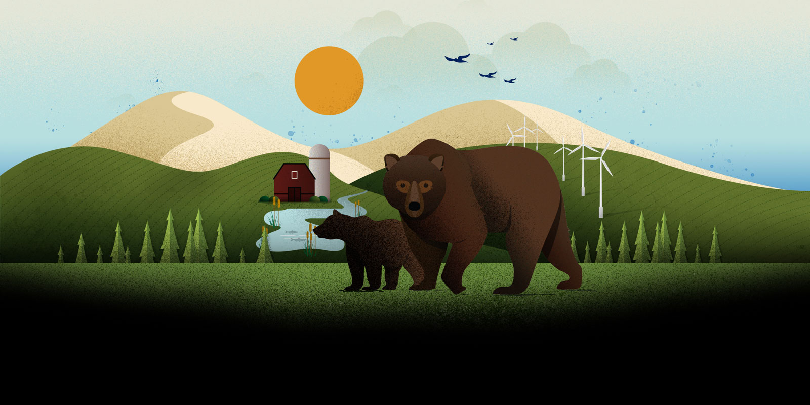 Graphic design illustration of brown bears crossing green pasture with hills, trees, a barn, wind turbines, and flying birds arranged in the background landscape.