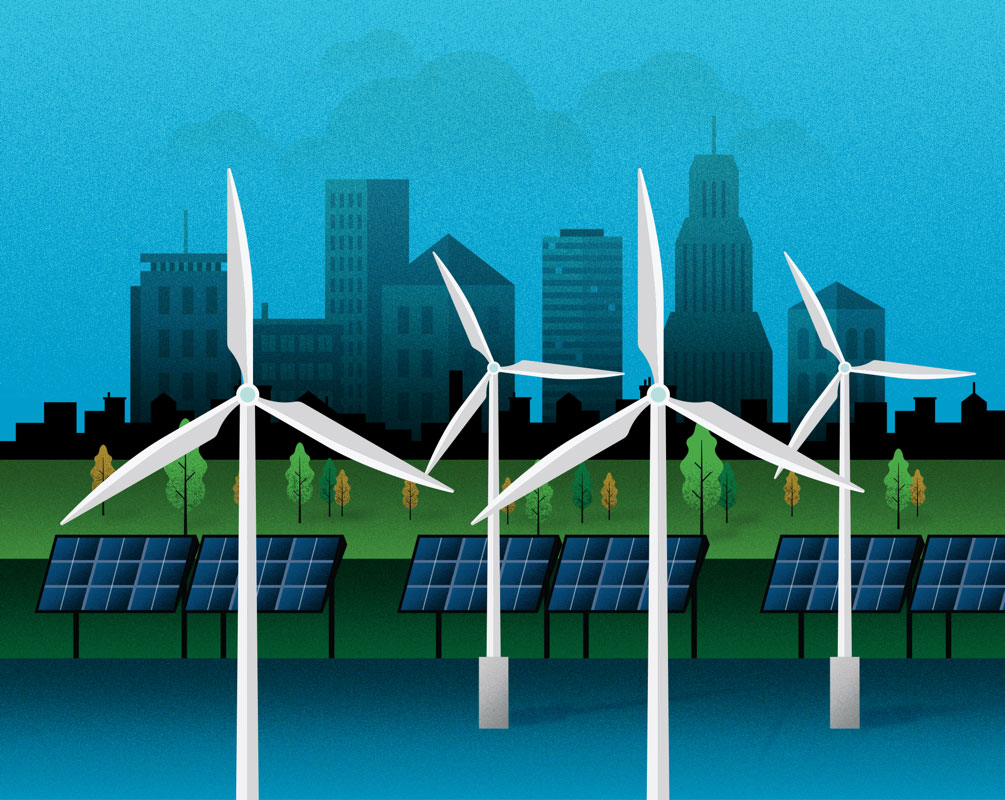 Graphic design illustration of wind turbines standing in a body of water in a developing city environment. Behind the wind turbines is a line of solar panels with a park and a cityscape.