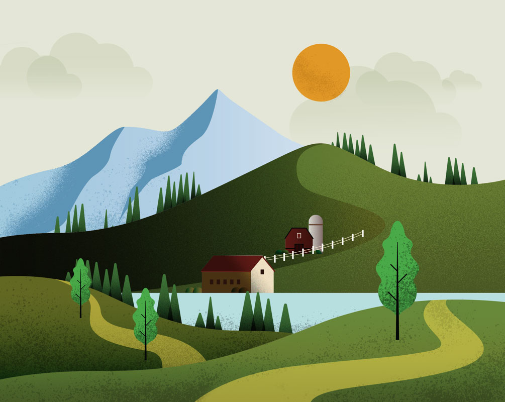 Graphic design illustration of an agricultural scene where a farm house and barn are positioned by a body of water. Background of scene shows neighboring trees, rolling hills, pastures and mountains.