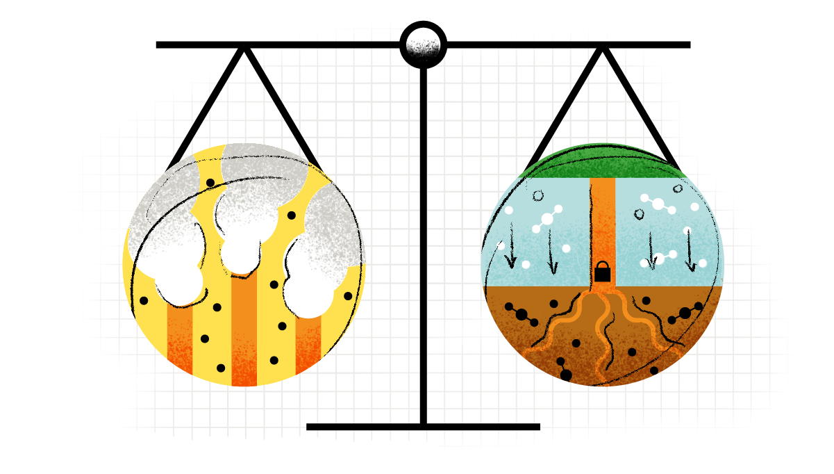 Illustration showing a scale evenly balanced, with the lefthand side showing smokestacks and the righthand side showing a tree absorbing carbon molecules into the soil.'