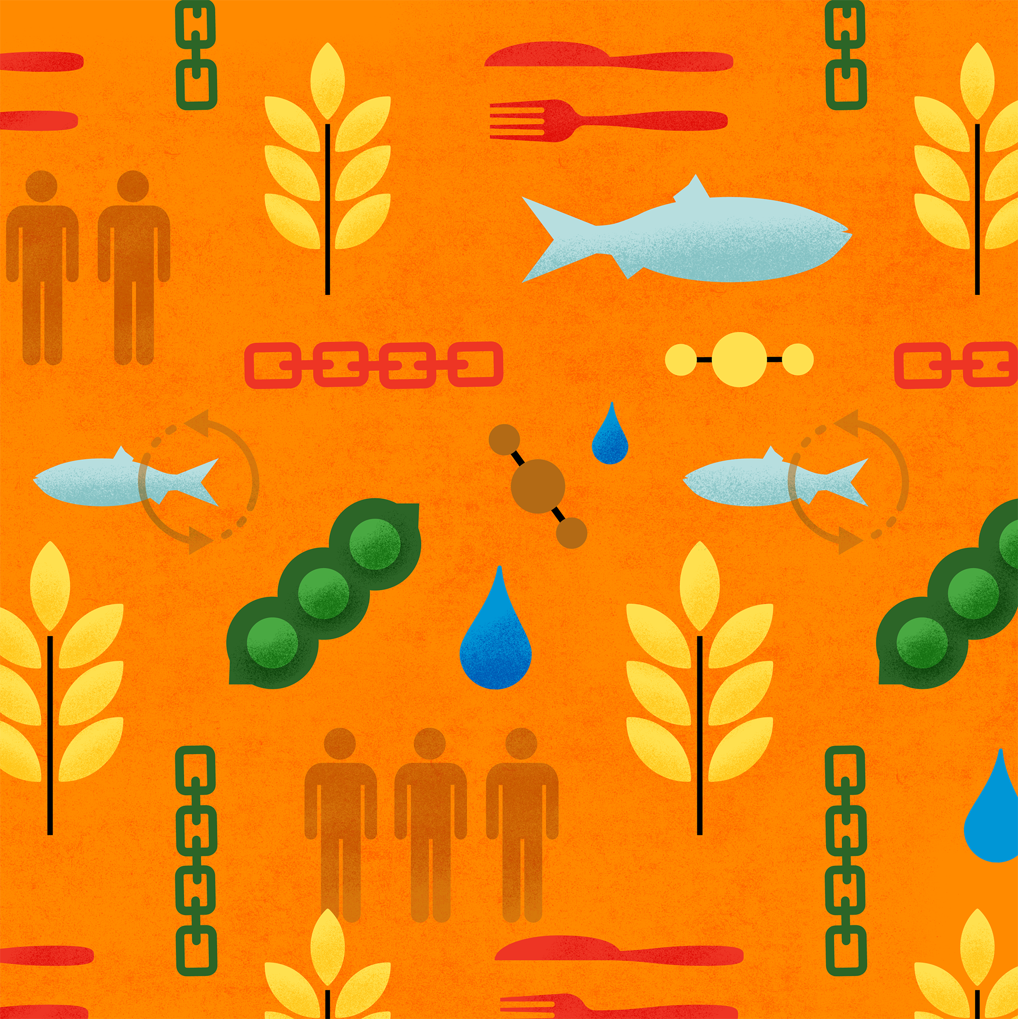 ilustración mostrando agua, humanos, peces y hojas.