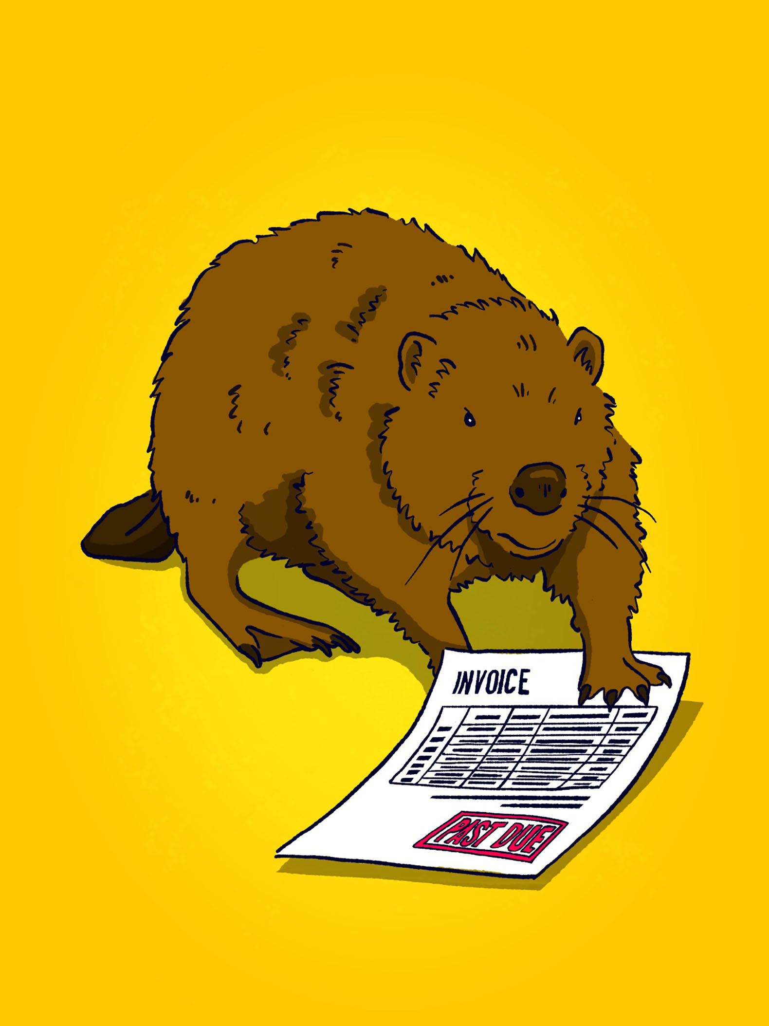 Illustration of a brown beaver holding a white piece of paper that says "Invoice" with a list of items and a red stamp that says "past due." The beaver has a serious expression and is set against a yellow background.