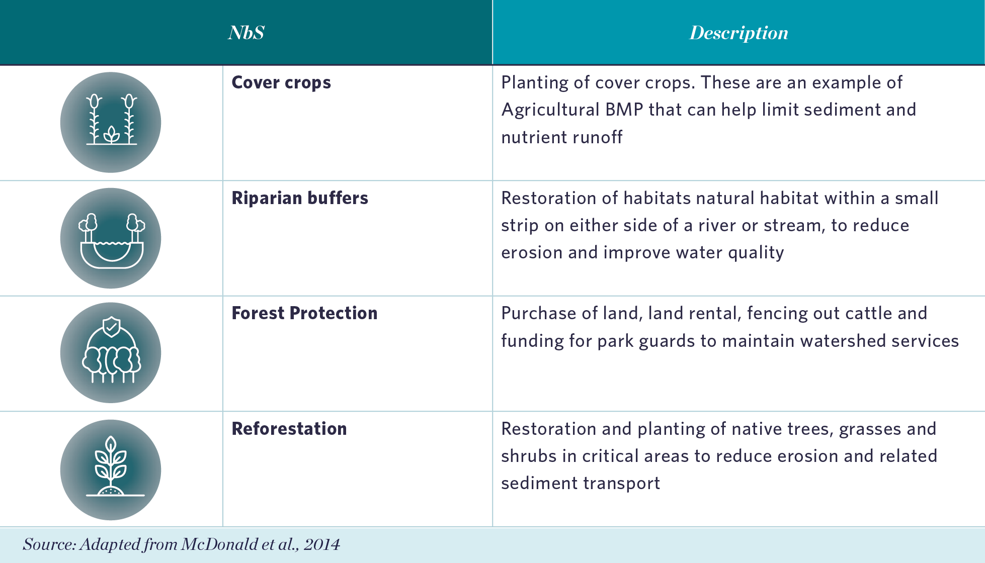 table showing descriptions of four nature-based solutions, cover crops, riparian buffers, forest protection, and reforestation