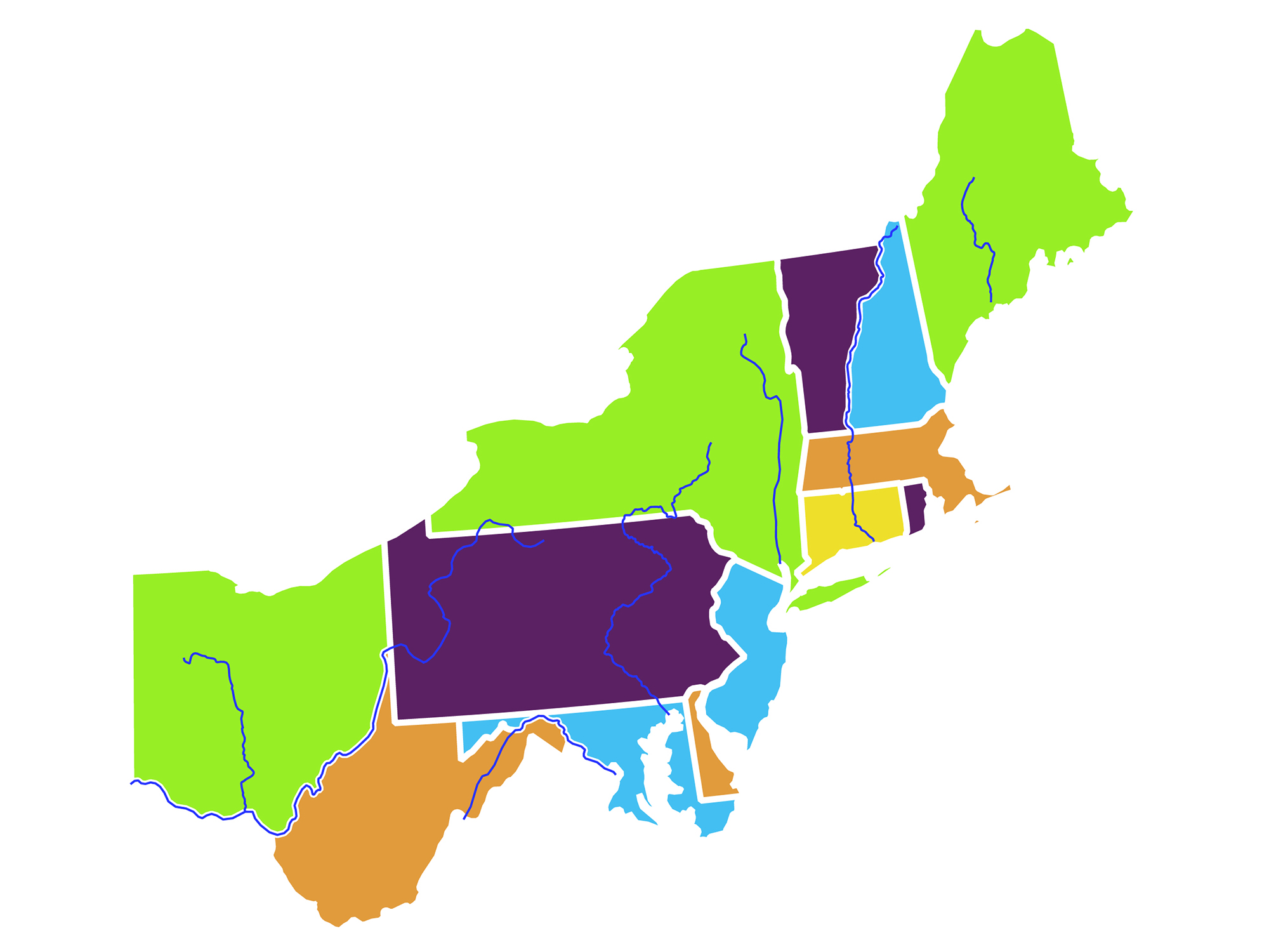 A map of Northeastern states connected to the Appalachians.