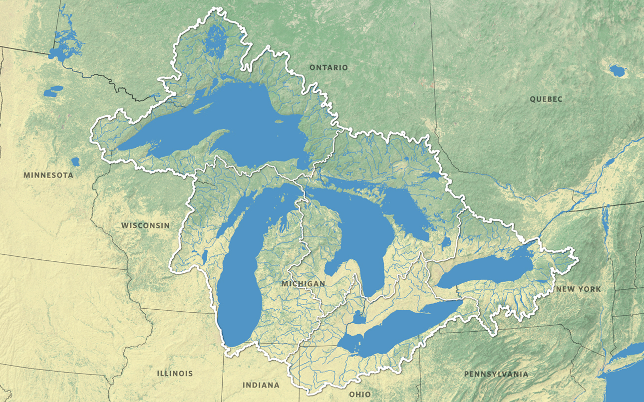 Multi-colored map of the Great Lakes and tributaries. 