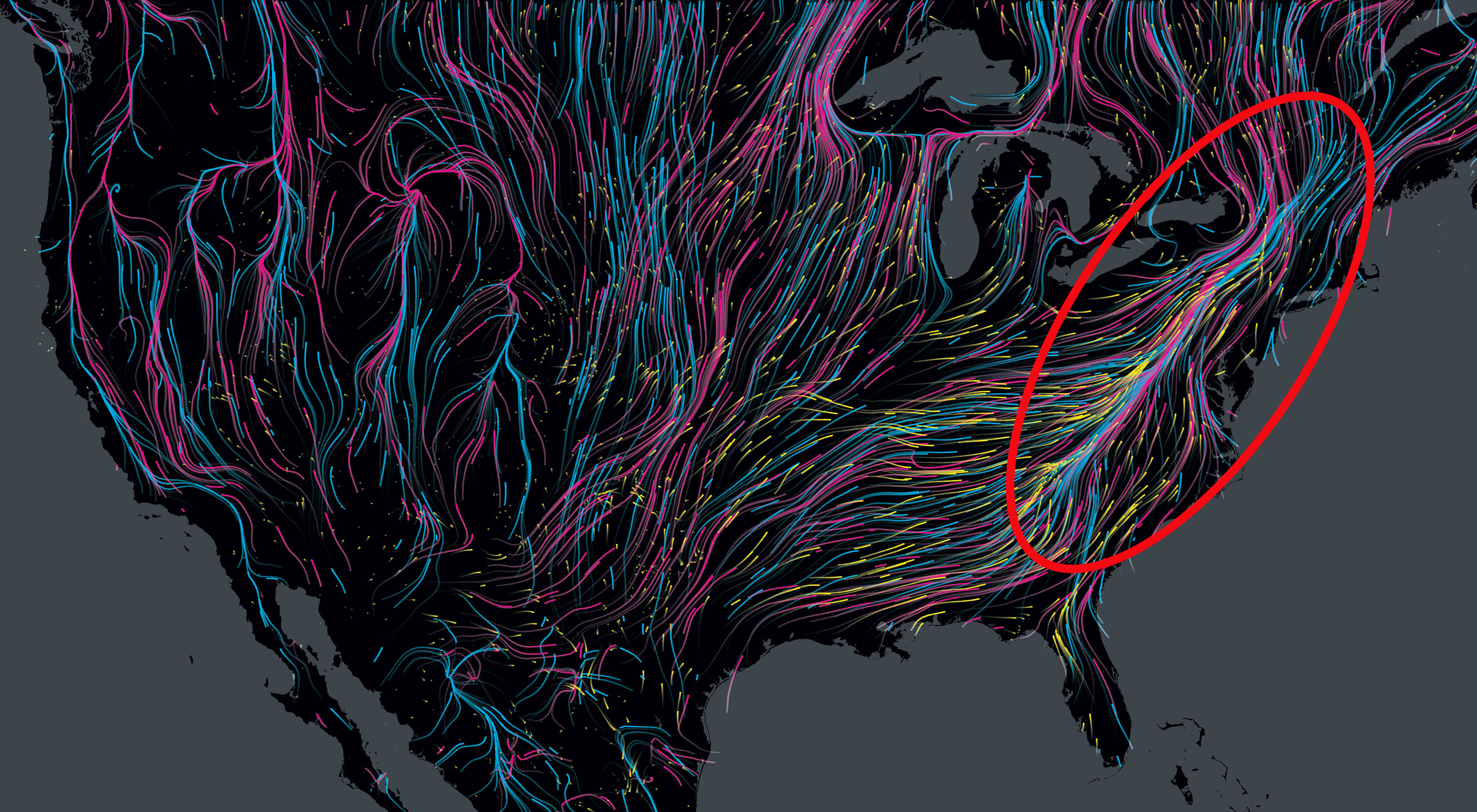 A map illustration showing the eastern United States with multicolored lines showing migration routes through the country. A large oval highlights the area of the Central Appalachians.