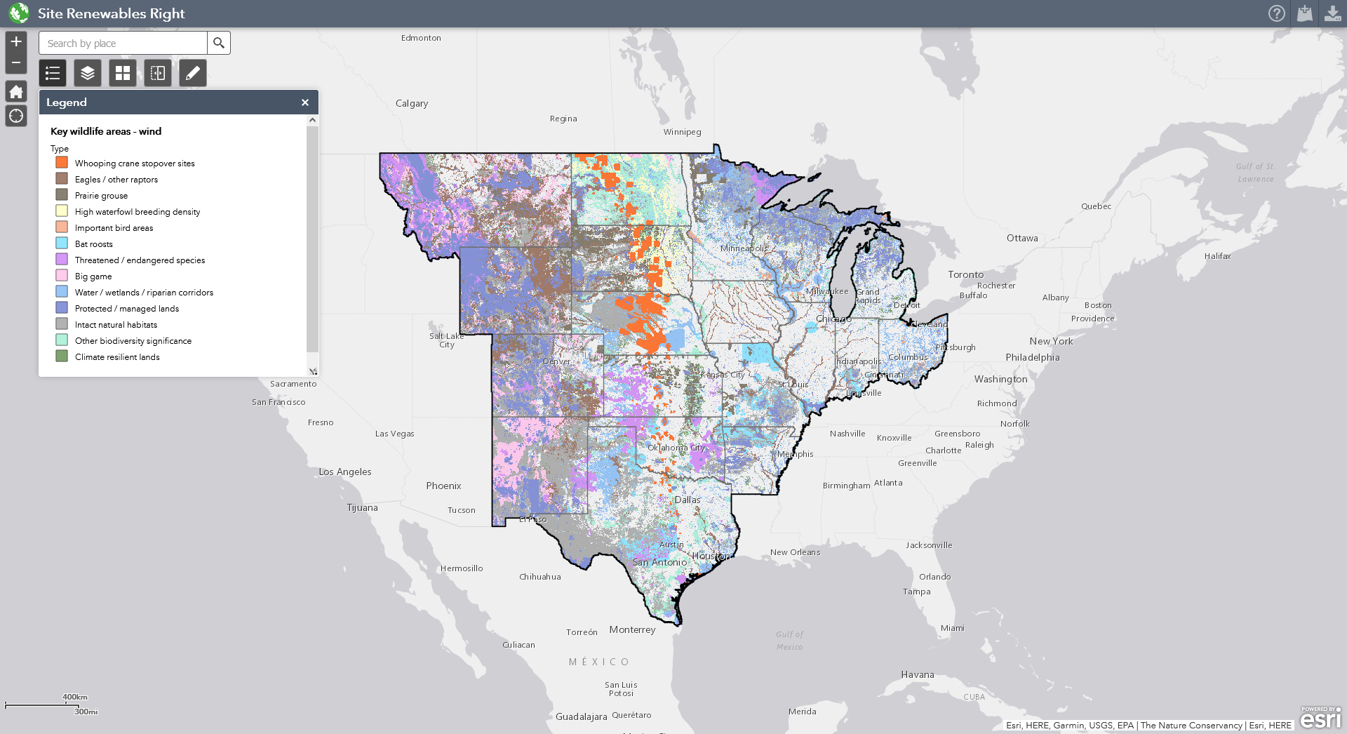 Map of the Site Renewables Right tool's wildlife layers