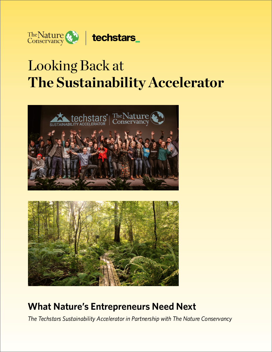report cover with photos of nature and people, with title and techstars and TNC logos
