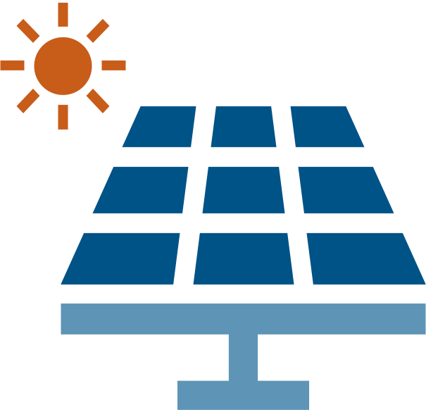 An illustrated solar panel icon showing a blue solar panel under an orange sun.