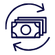A dark blue icon of three bills stacked with two curving arrows circling them. 
