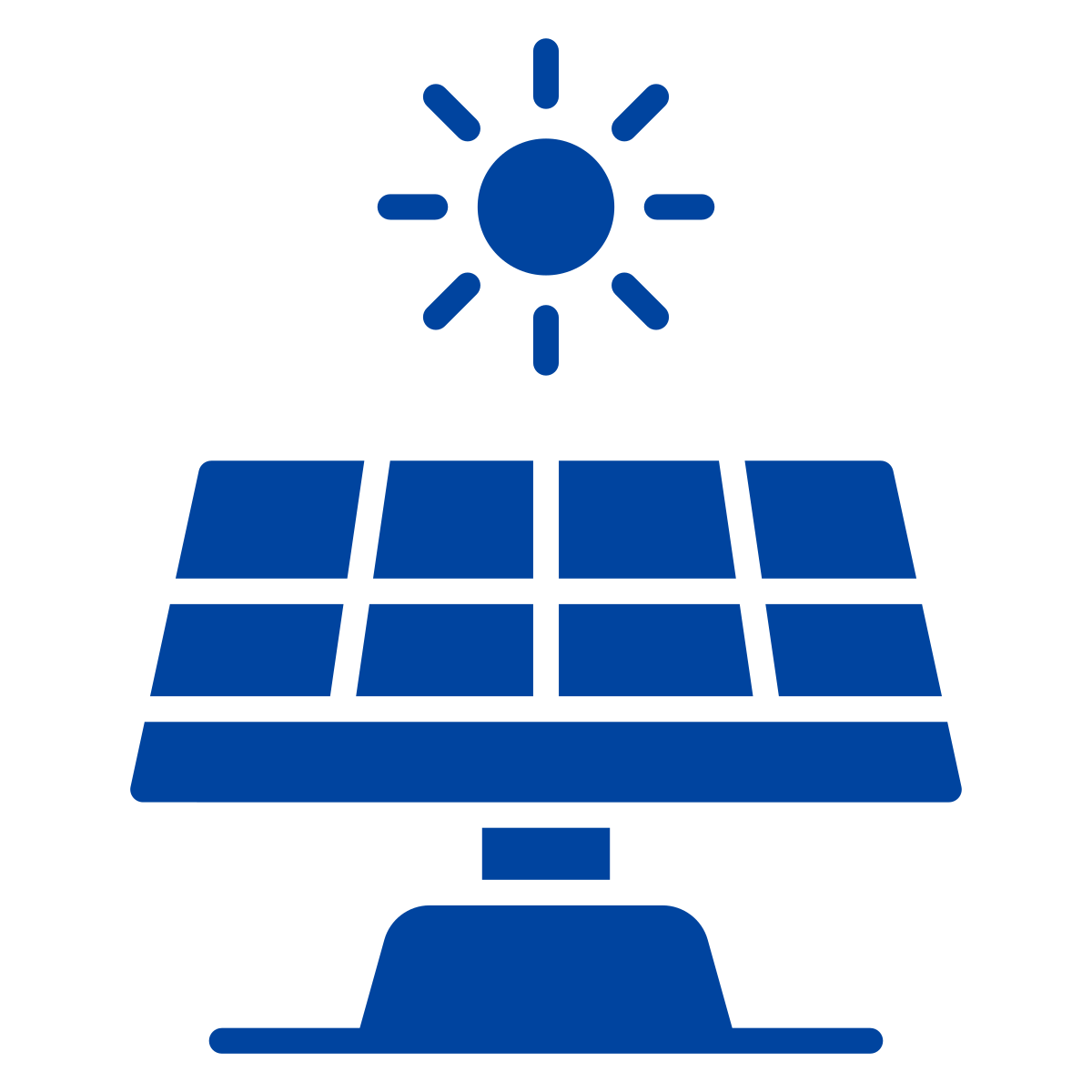 Blue icon of a solar panel with the sun over it.