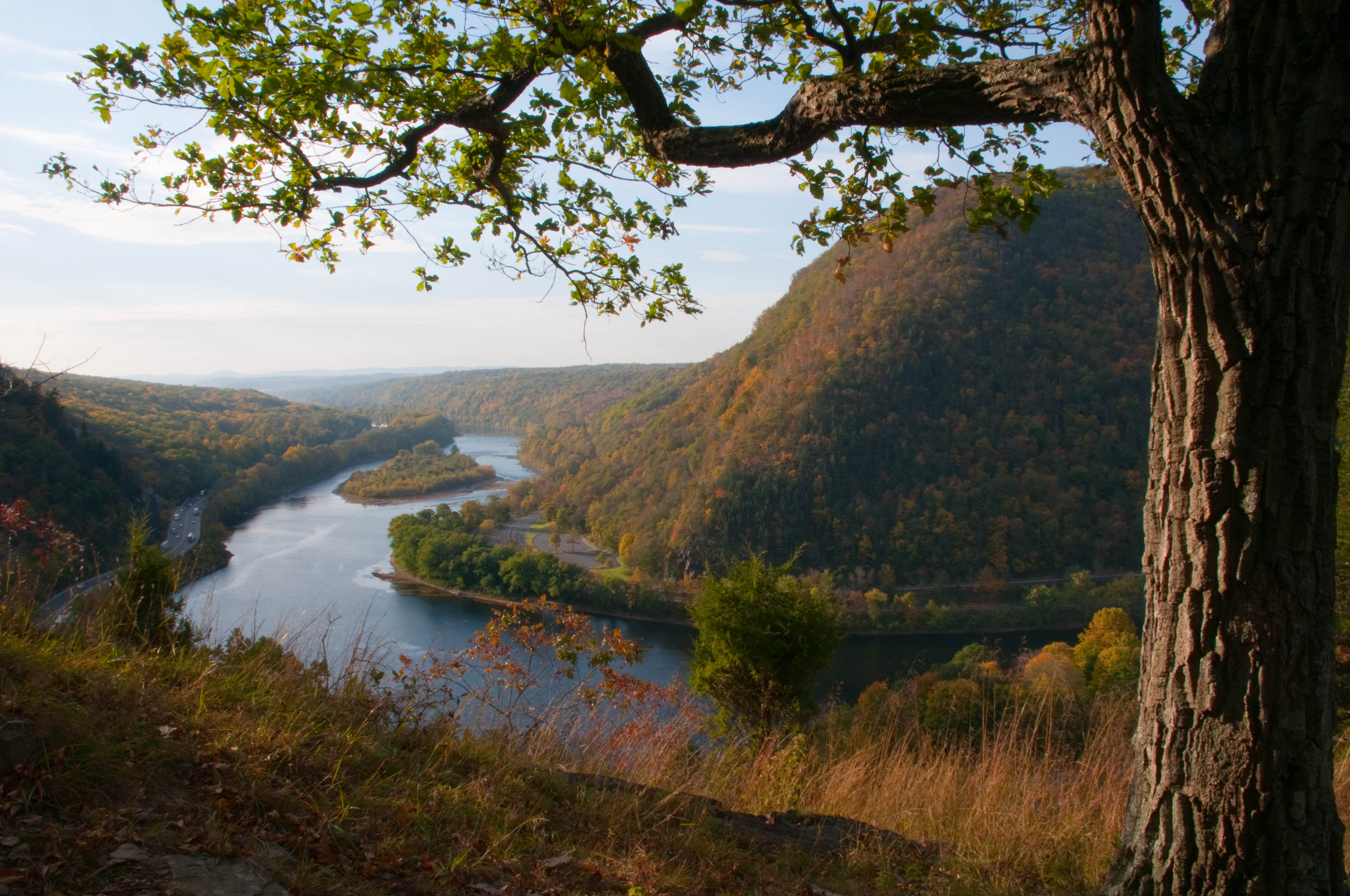 A view of the Delaware River winding around a small mountain at the Delaware Water Gap.