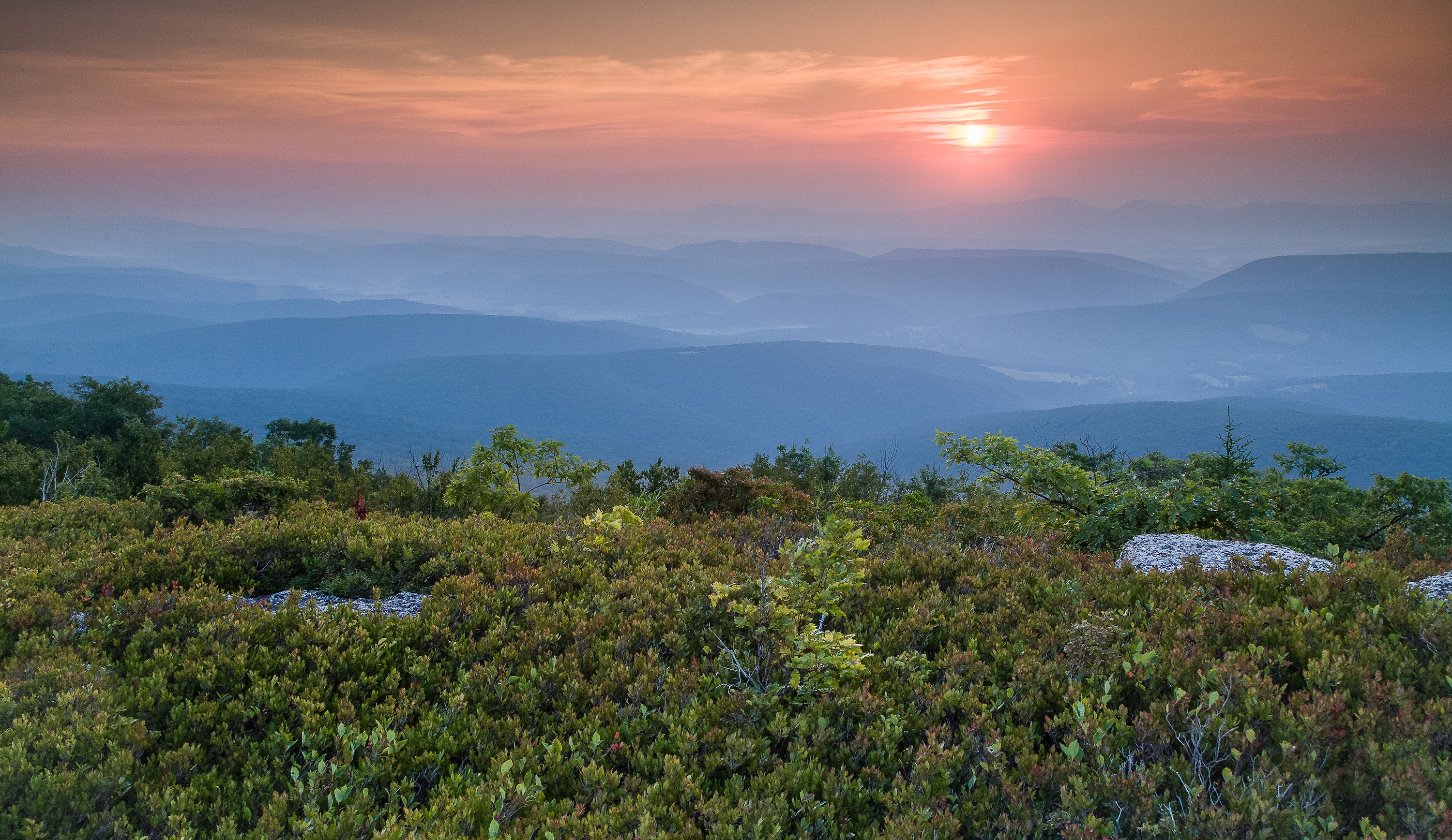 The sun sets over blue mountains in the distance. The foreground is covered in green shrubs. 