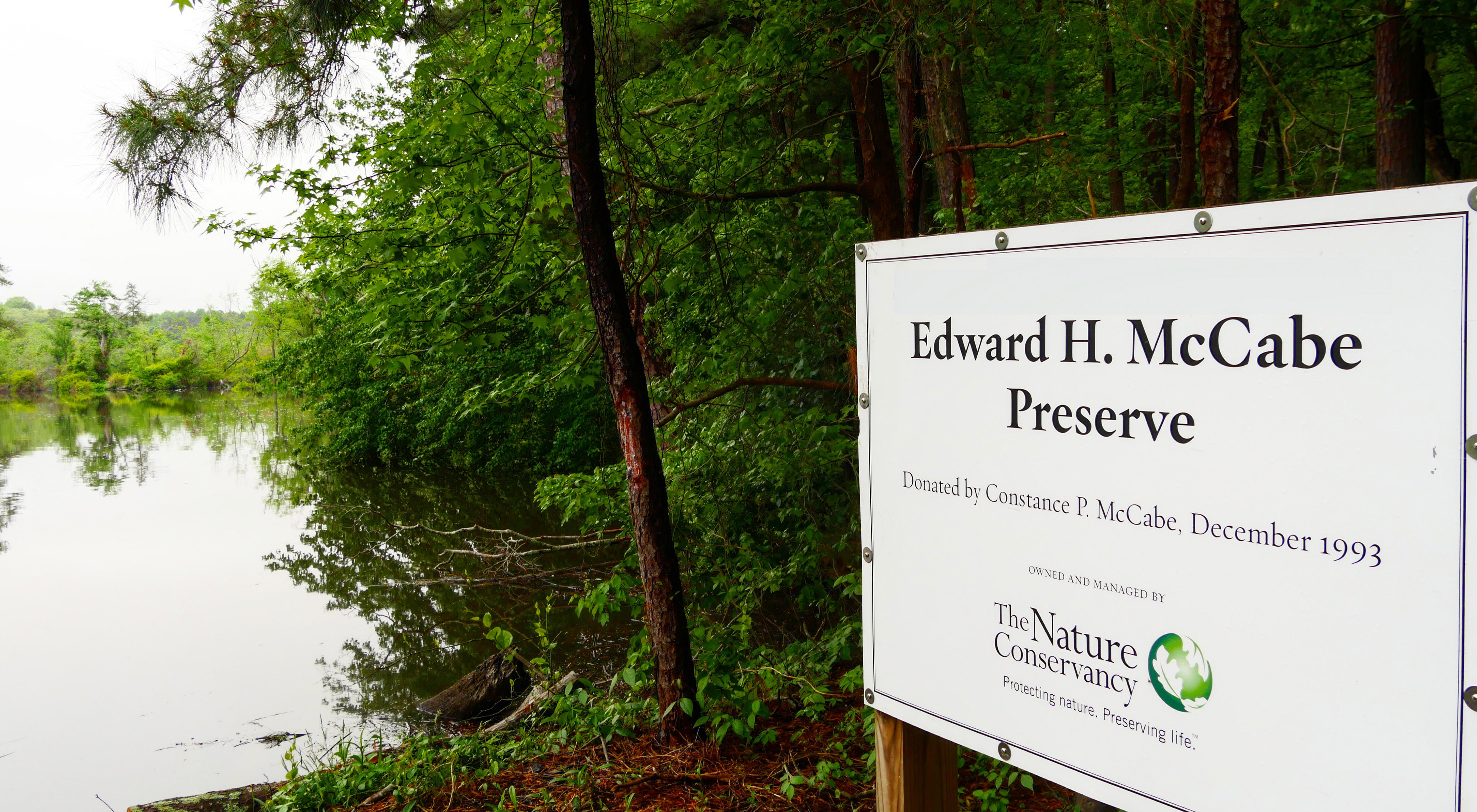 A sign that reads Edward H McCabe Preserve stands in the ground next to a body of water. 