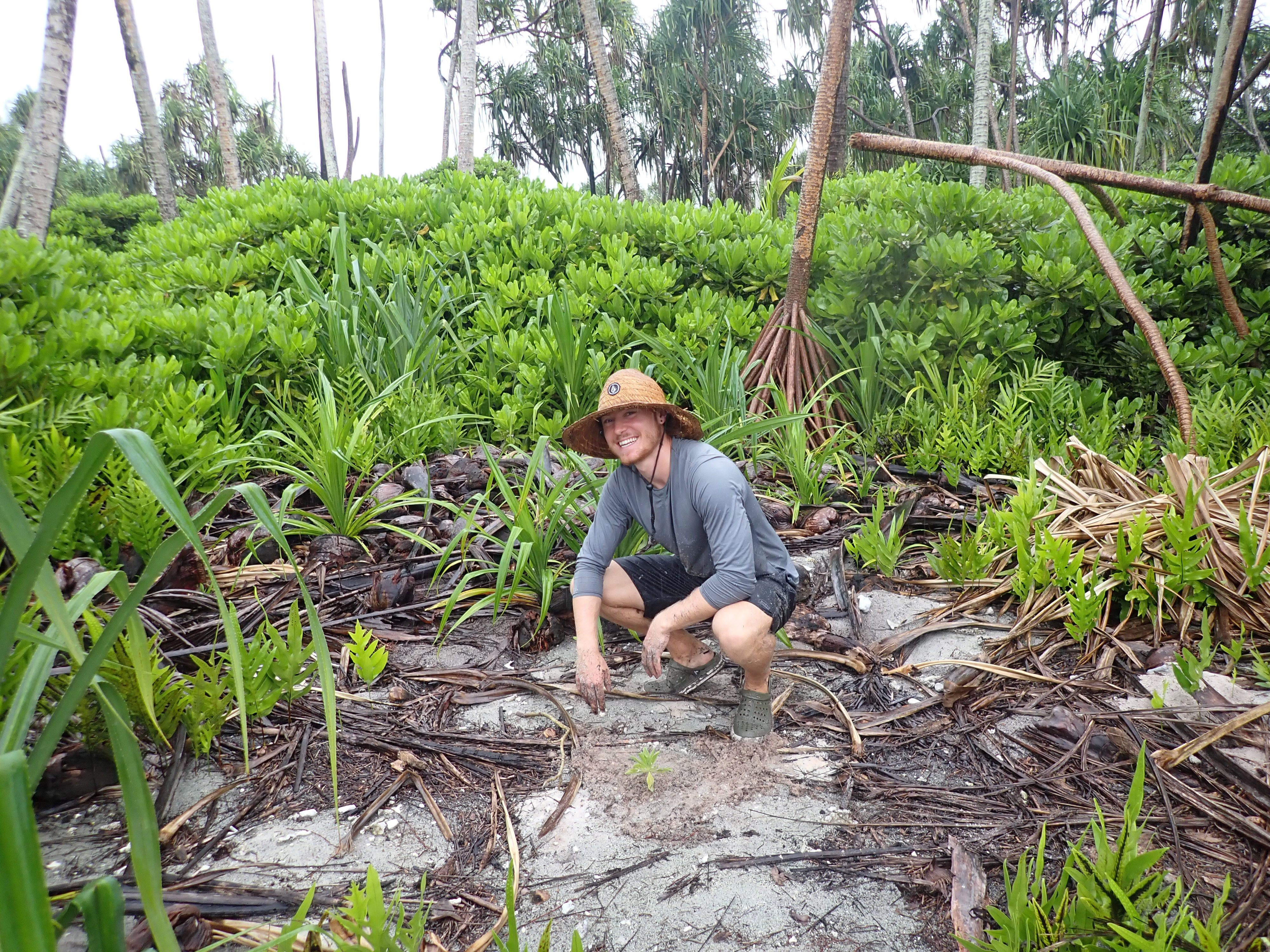 A woman kneels on rocks surrounded by green shrubs and trees.