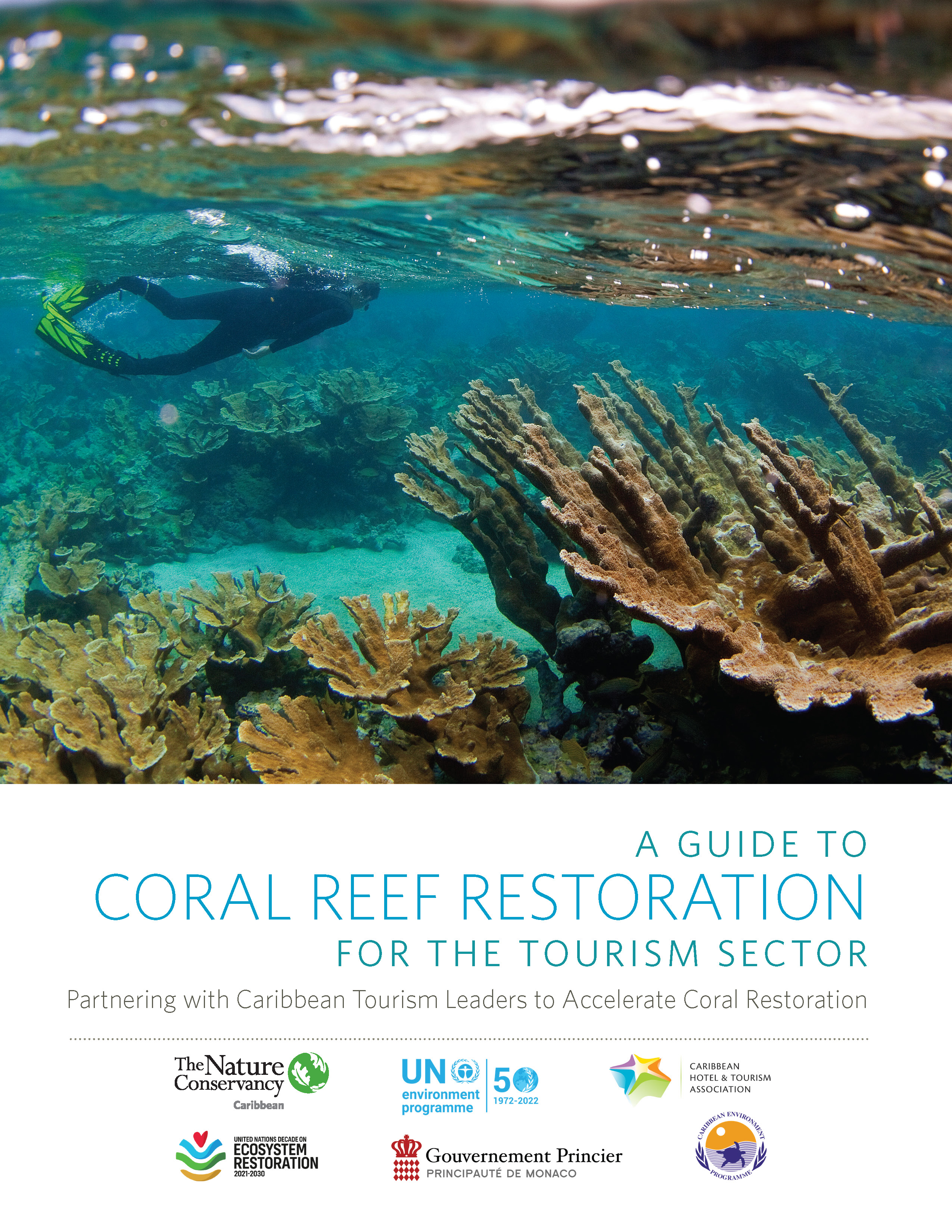 cover page of Coral Restoration Guide, with image of a diver swimming over corals beneath the surface of the ocean