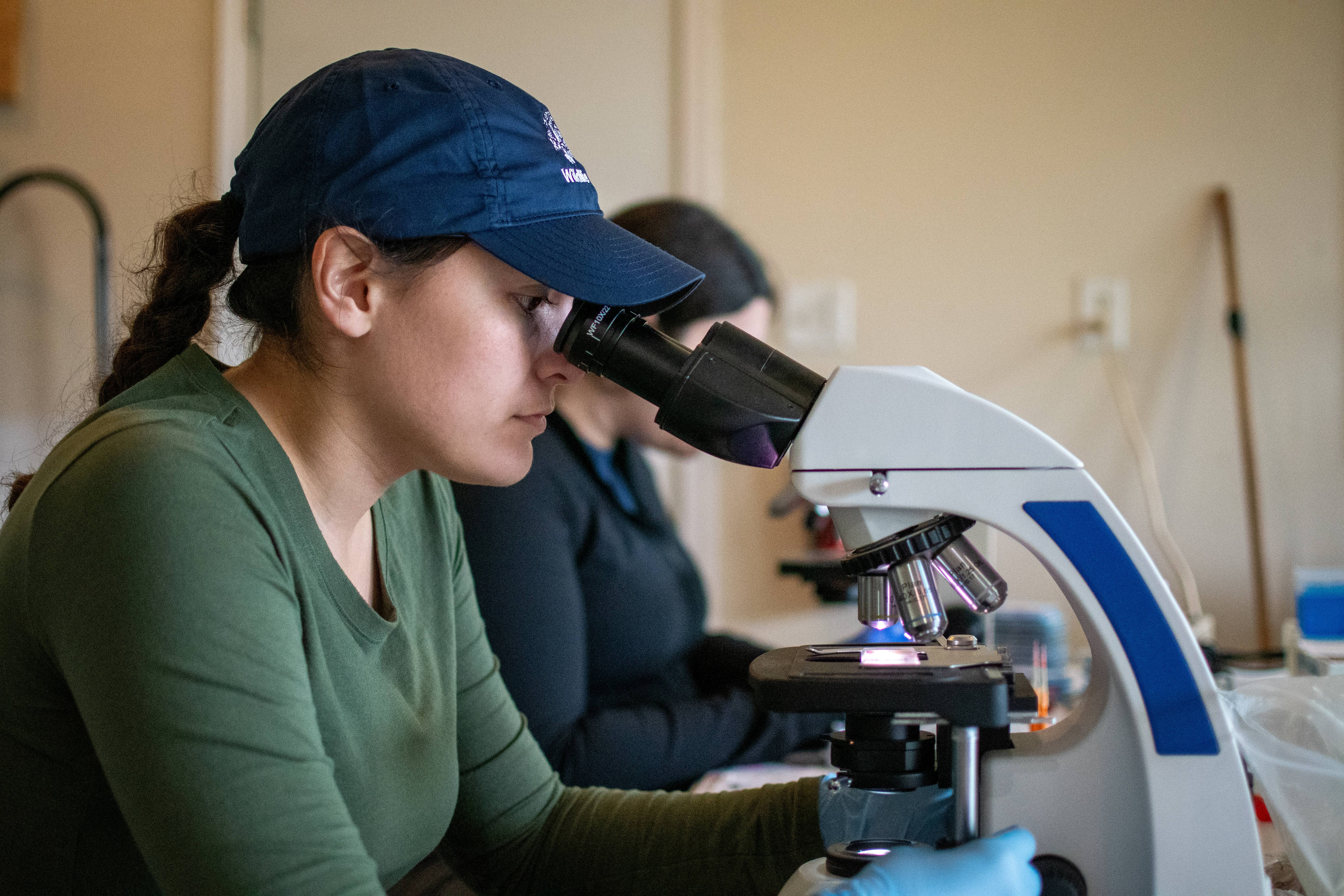  A young woman wearing a blue visor looking into a microscope.
