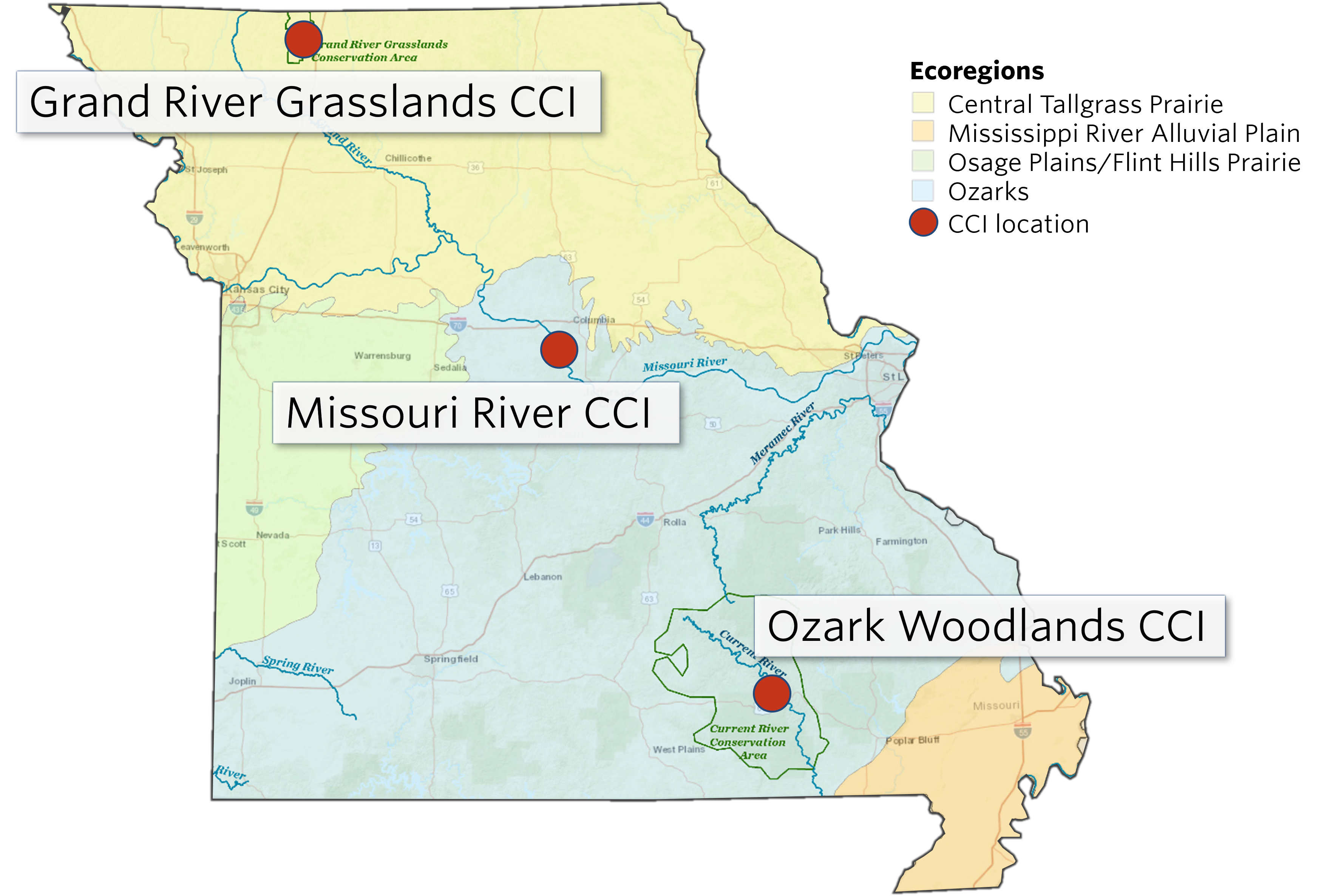 Map showing three CCI locations in Missouri.