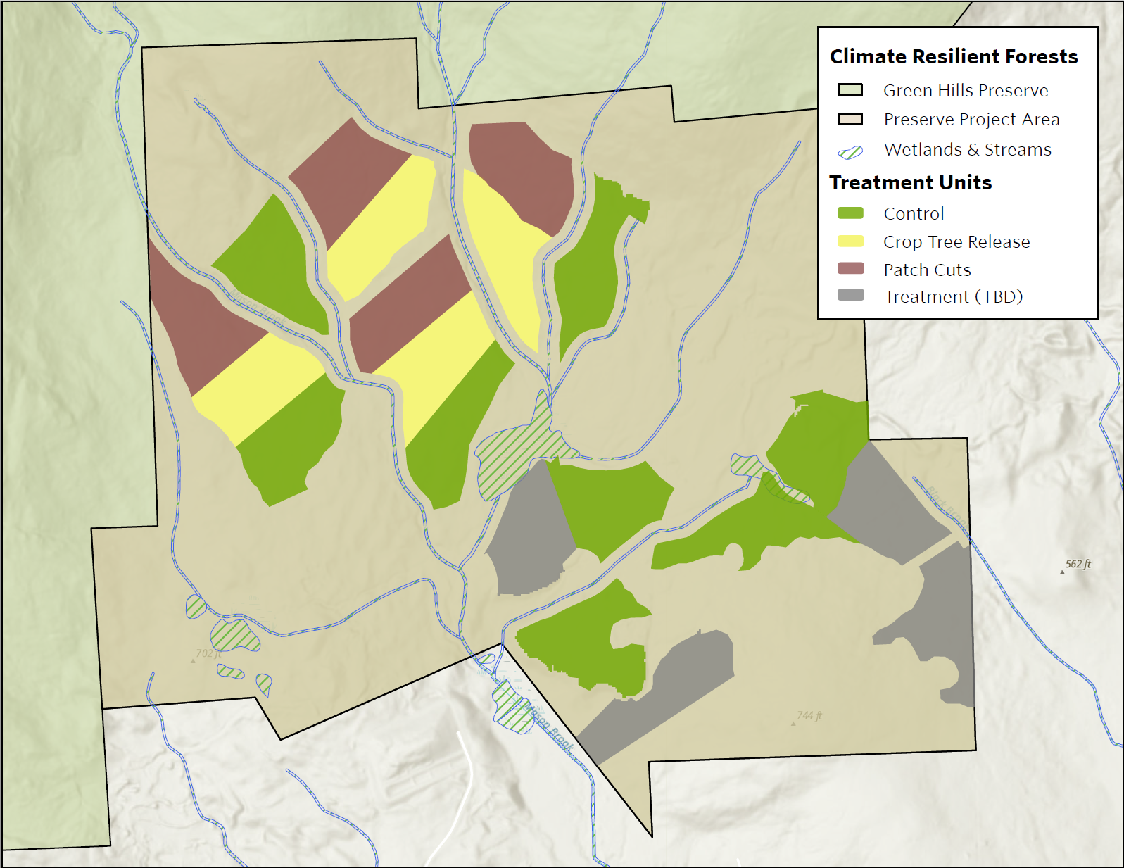 A map of a portion of the Green Hills Preserve with colored blobs of where treatment areas will be.