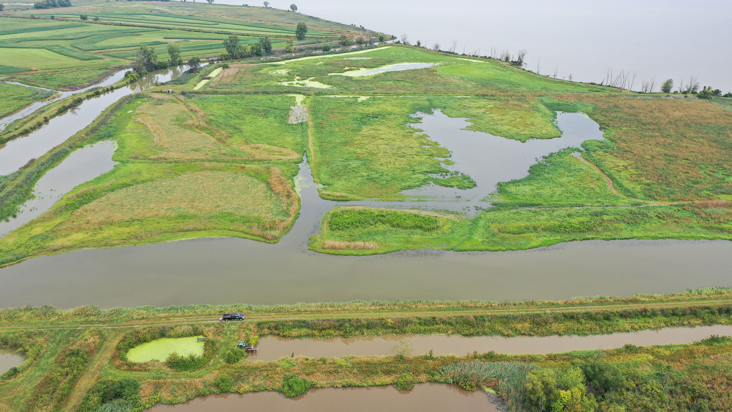 Aerial photo of degraded Pickerel Creek floodplain.