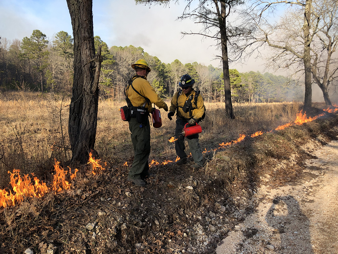 Two men conducting a controlled burn.