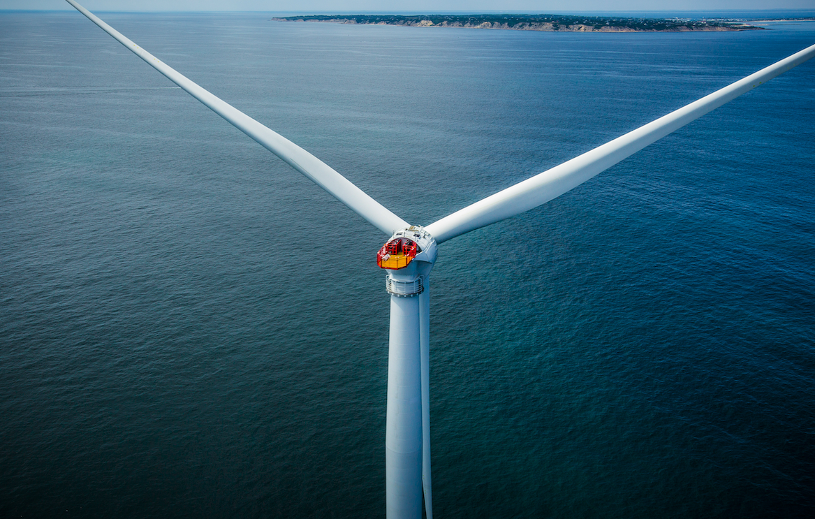 A close up of an offshore wind turbine. 